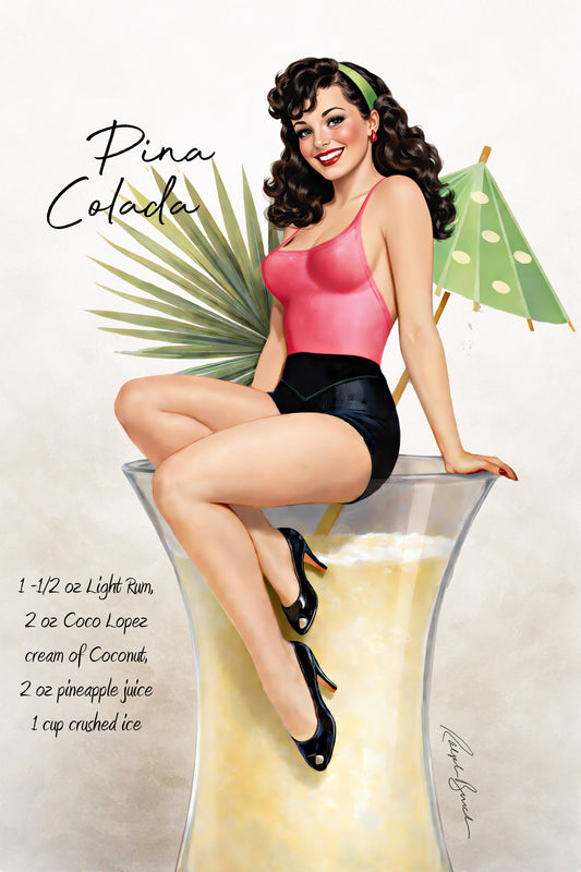 Retro brunette pin-up girl sitting on oversized piña colada cocktail in tropical vintage wall art by Ralph Burch