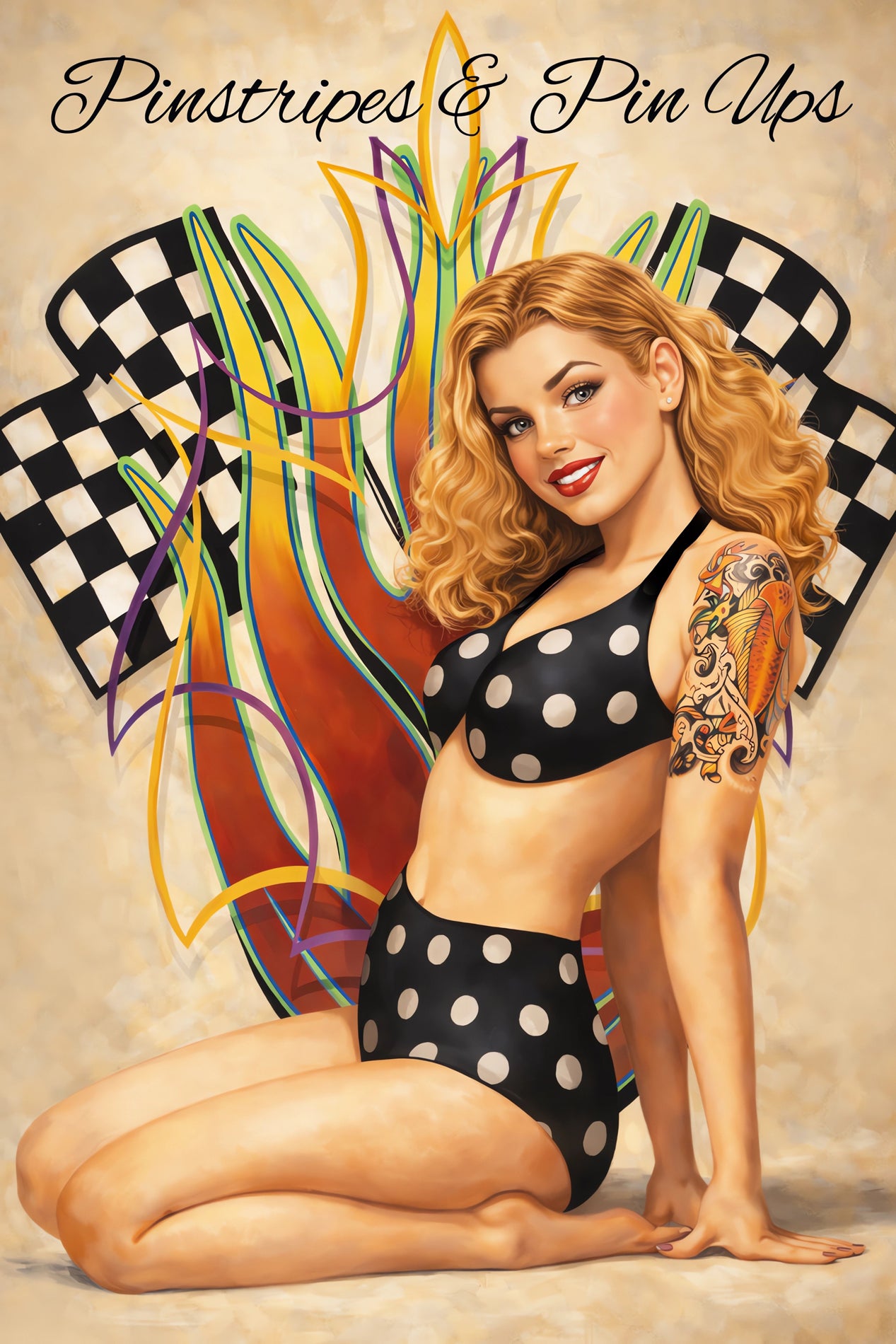 Retro rockabilly pin up artwork featuring glamorous blonde woman in black polka-dot swimsuit with tattoo sleeve posed in front of colorful custom pinstriping and checkered racing flag graphics in vintage hot rod style.