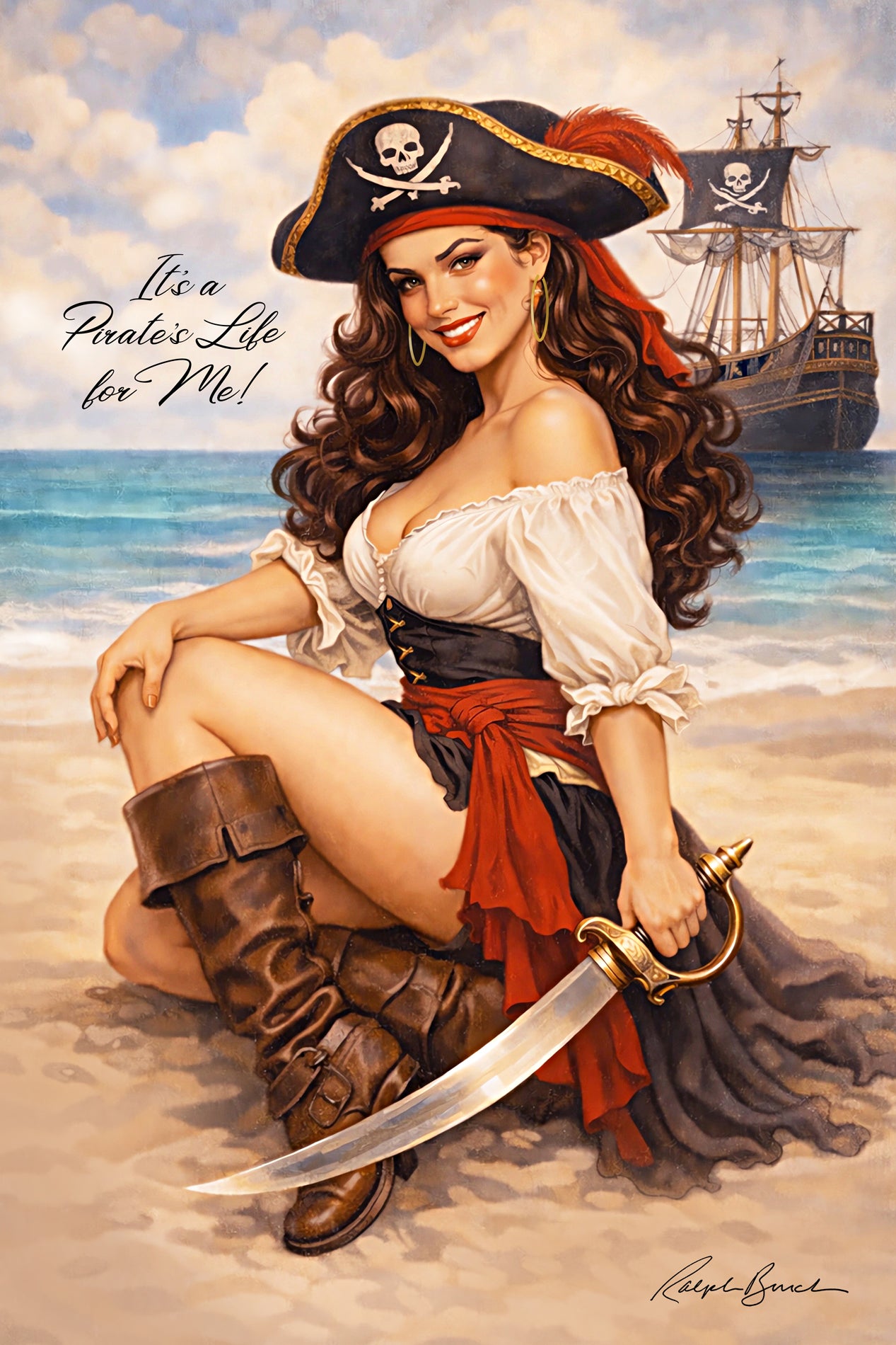 Vintage-inspired pirate pin up artwork featuring glamorous brunette woman in pirate costume with corset, tall leather boots, and sword posed on beach with pirate ship and nautical adventure background.