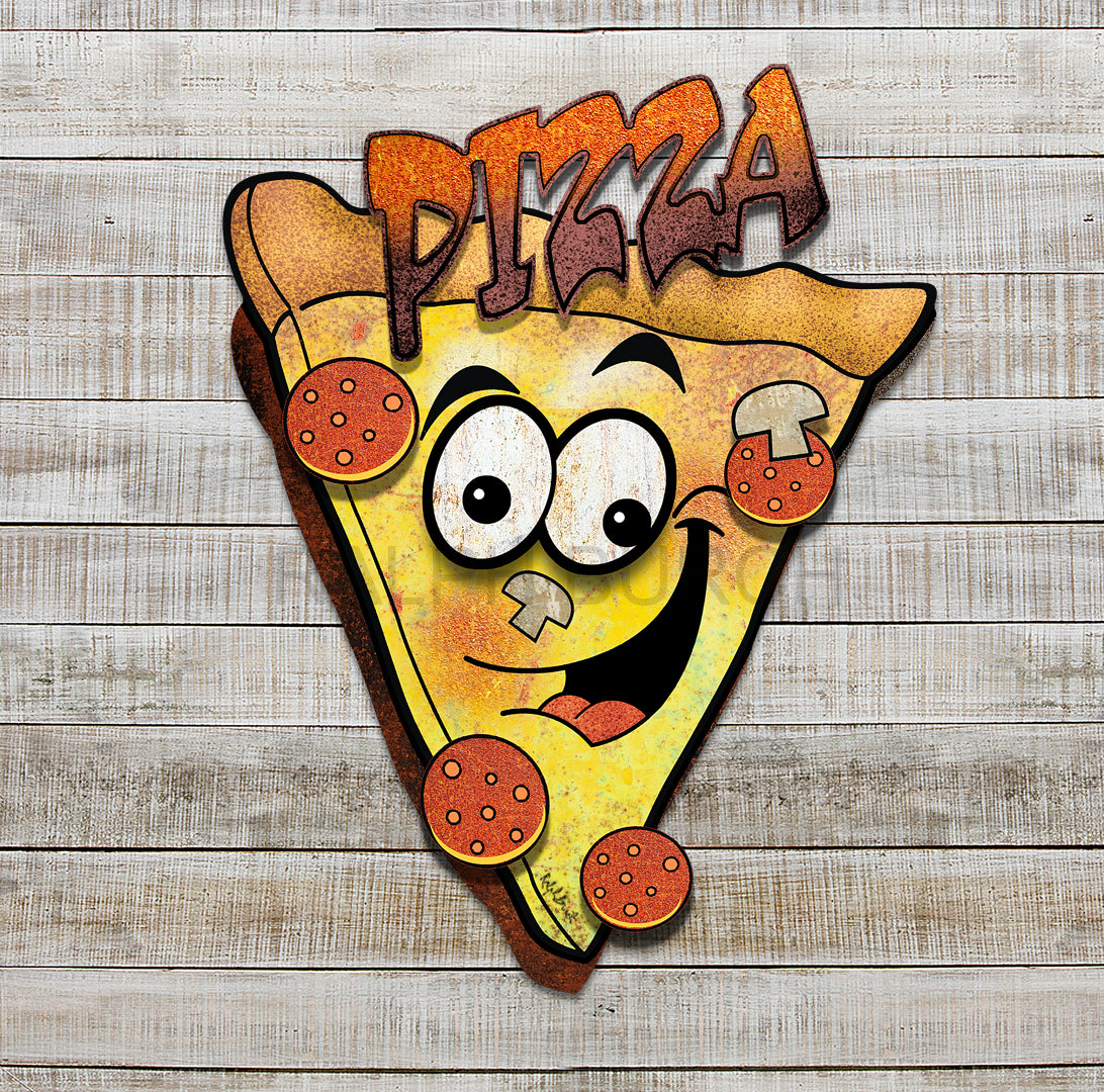 A 3D multiple piece Happy Retro Pizza Slice with raised dimensional pepperonis and Eyes and the word Pizza.epperroni