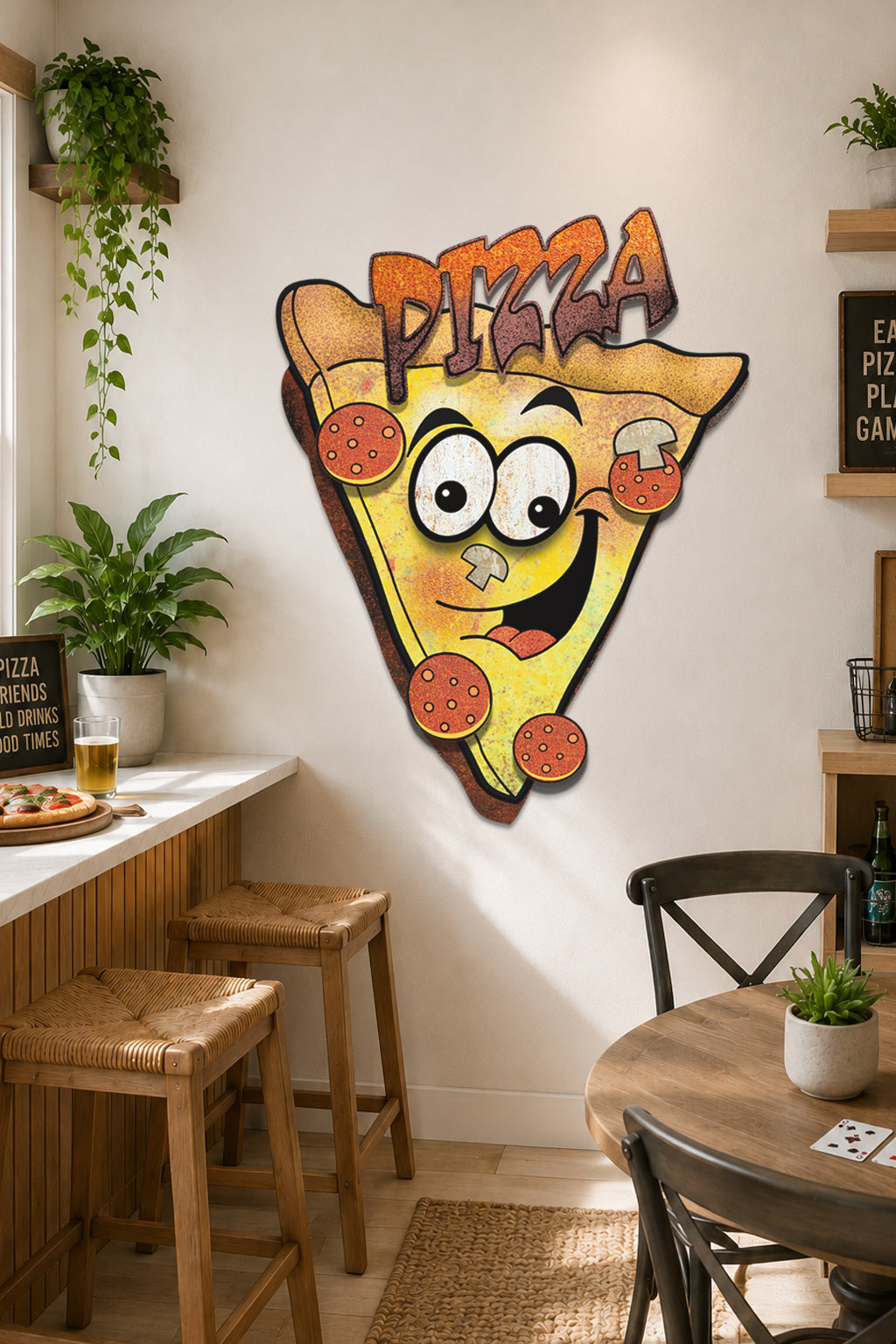 A decorative wall sign shaped like a smiling pizza slice with the word 'PIZZA' above it, displayed in a restaurant-style interior with stools, a table, plants, and shelves.