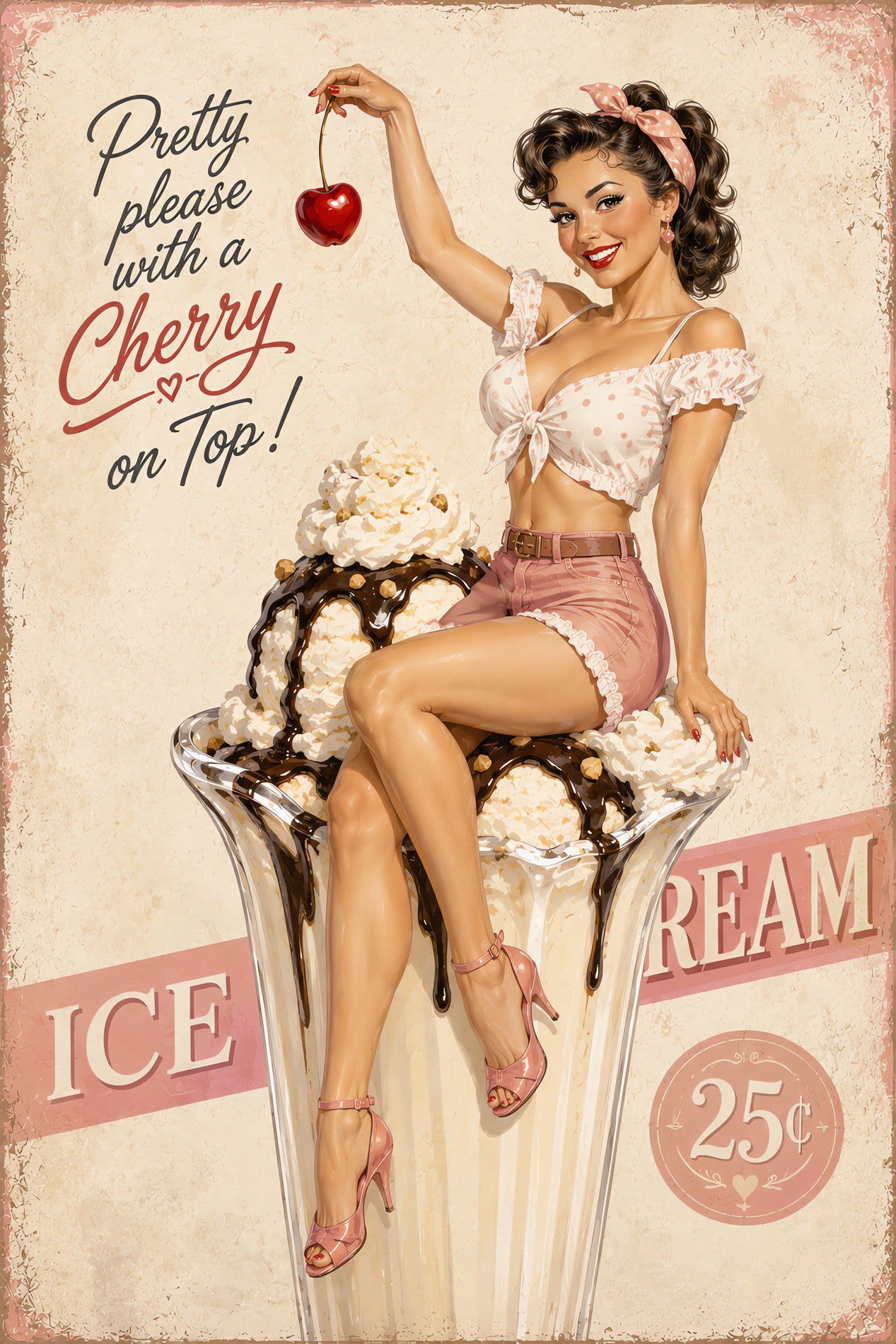 Vintage-style illustrated sign featuring a pin-up woman sitting on a large ice cream sundae, holding a red cherry above the text 'Pretty please with a Cherry on Top!' and 'ICE RREAM 25c'.