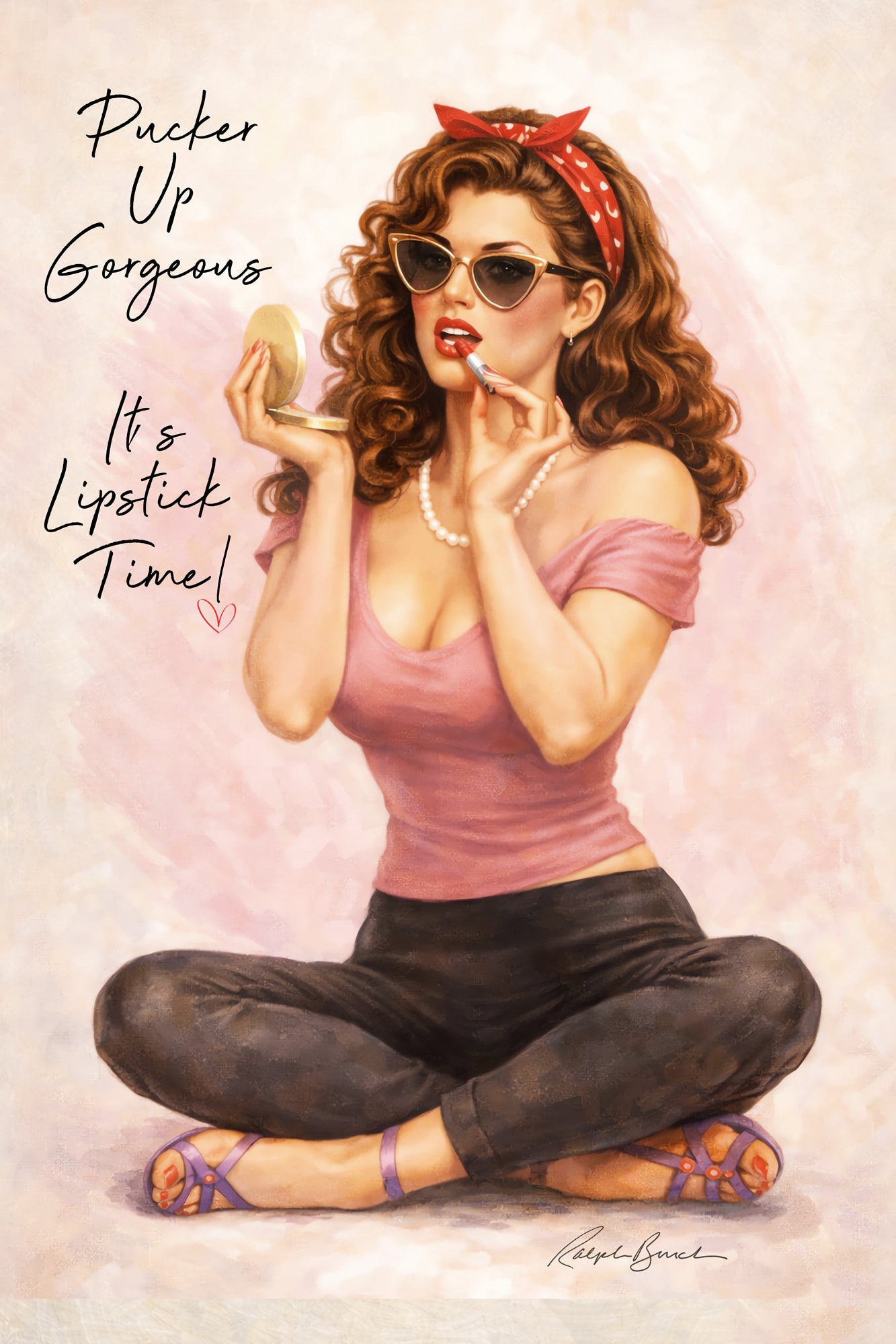 Vintage-inspired pin up artwork featuring glamorous brunette woman with curly hair, cat-eye sunglasses, pearl necklace, and pink top applying lipstick while seated against a soft blush background with retro beauty styling.