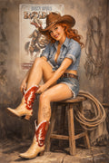 A stylized western portrait of a smiling woman seated on a wooden stool, wearing a brown cowboy hat, denim shirt and shorts, and red-and-white cowboy boots. A rustic wall with a vintage poster reading 'Dusty Spurs Rodeo,' hanging leather gear, and a coiled rope appear in the background.