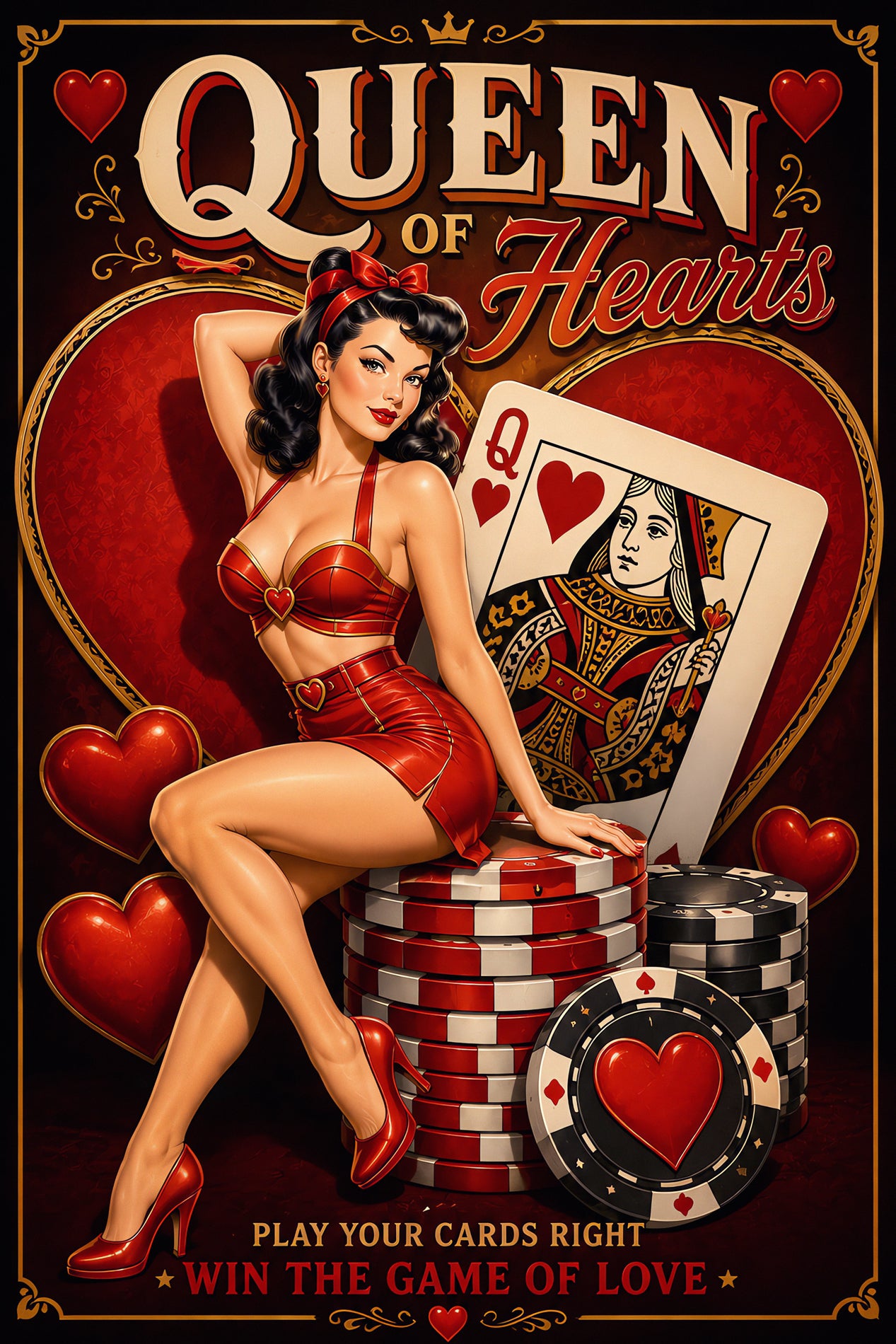 Vintage-style illustrated poster reading 'Queen of Hearts' with a pin-up woman in a red outfit posed with playing cards and poker chips against a dark red and black background.