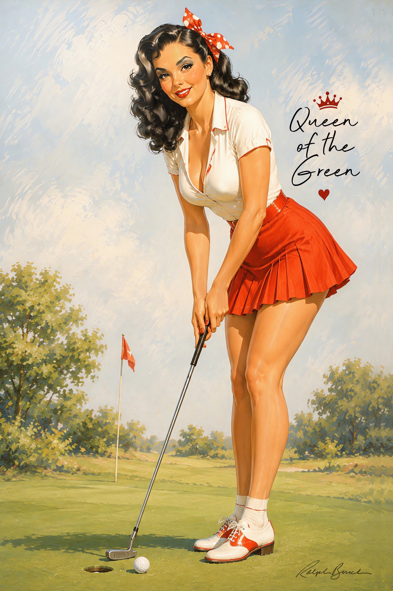 Retro Queen of the Green pin-up golfer putting on a golf course in a red skirt with vintage golf wall art lettering.