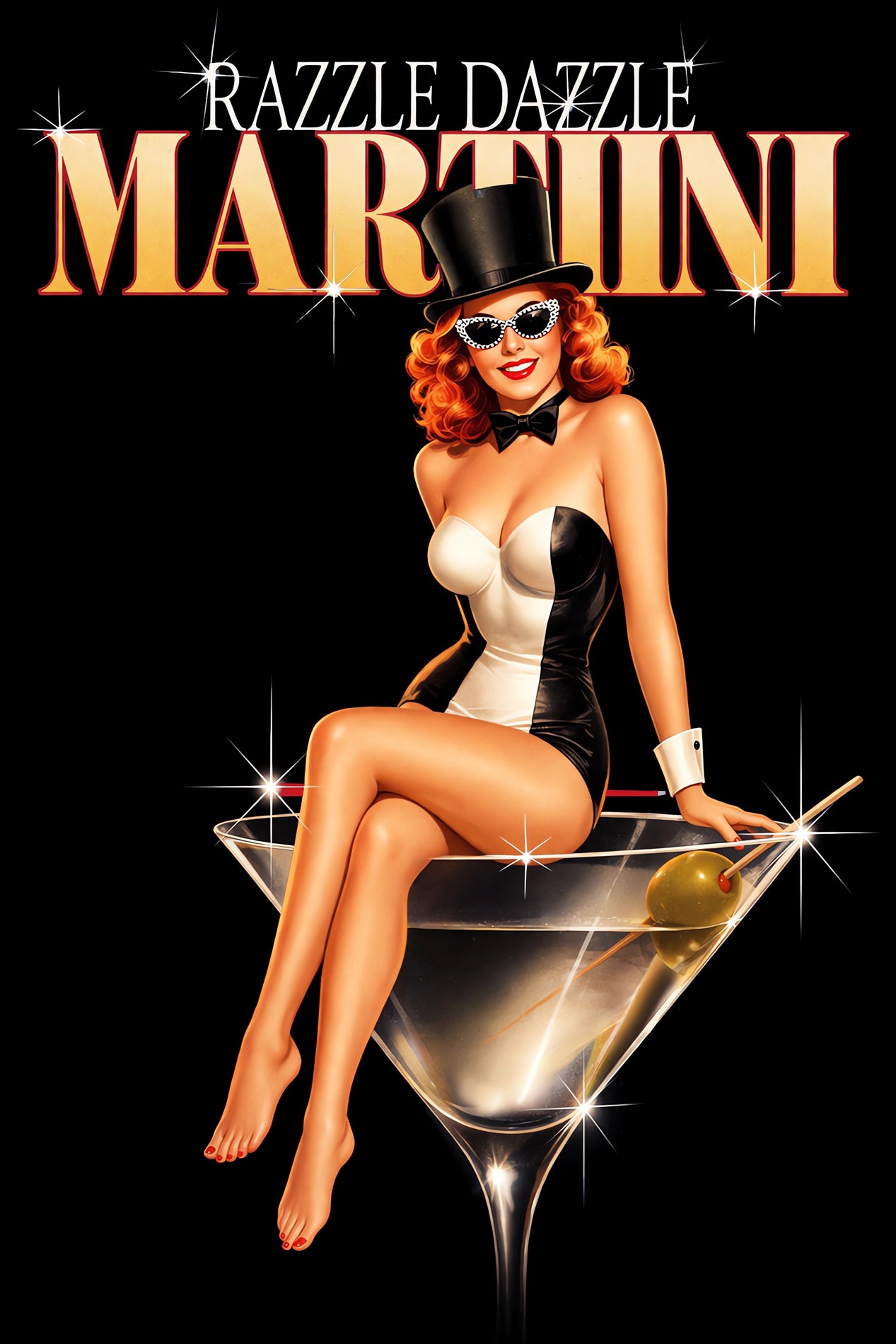 Retro pin-up girl sitting on a martini glass wearing a black and white showgirl outfit with top hat and sparkling sunglasses, vintage cocktail wall art titled Razzle Dazzle Martini.