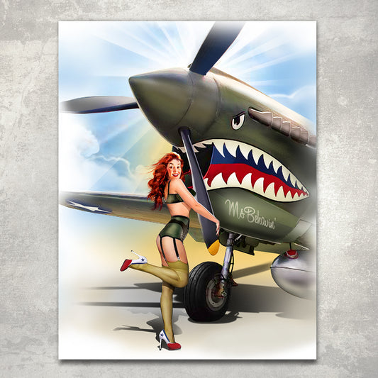  "Ms. Behavin" by Ralph Burch is a captivating pinup art piece showcasing a glamorous redheaded girl wearing a bra top and garter with stockings and high heels in front of a plane with distinctive nose art. This alluring artwork captures the essence of vintage pinup aesthetics, blending aviation and allure. Available on paper or canvas, framed or unframed, it's a unique addition for those appreciating the nostalgic charm of classic pinup and aviation themes. - ralphburch.com