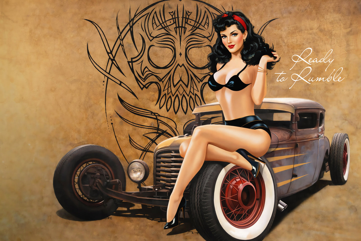 Vintage-inspired pin-up artwork featuring a brunette pin-up model sitting on a custom rat rod hot rod coupe with whitewall tires, tattoo-style graphics, and retro garage aesthetics.