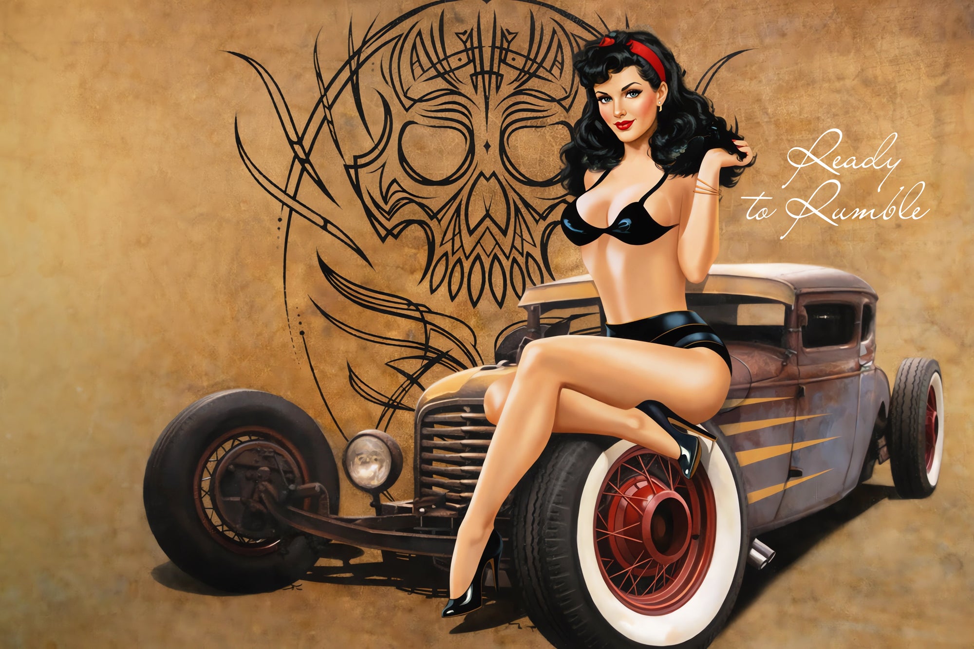 Vintage-inspired pin-up artwork featuring a brunette pin-up model sitting on a custom rat rod hot rod coupe with whitewall tires, tattoo-style graphics, and retro garage aesthetics.
