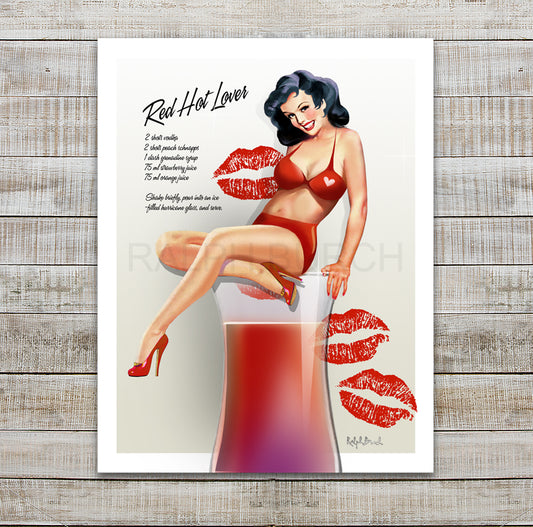 Red Hot Lover Pin Up girl sitting in a shot glass with the Drink Recipe