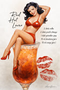 Retro brunette pin-up girl sitting on tropical cocktail glass in glamorous vintage wall art by Ralph Burch