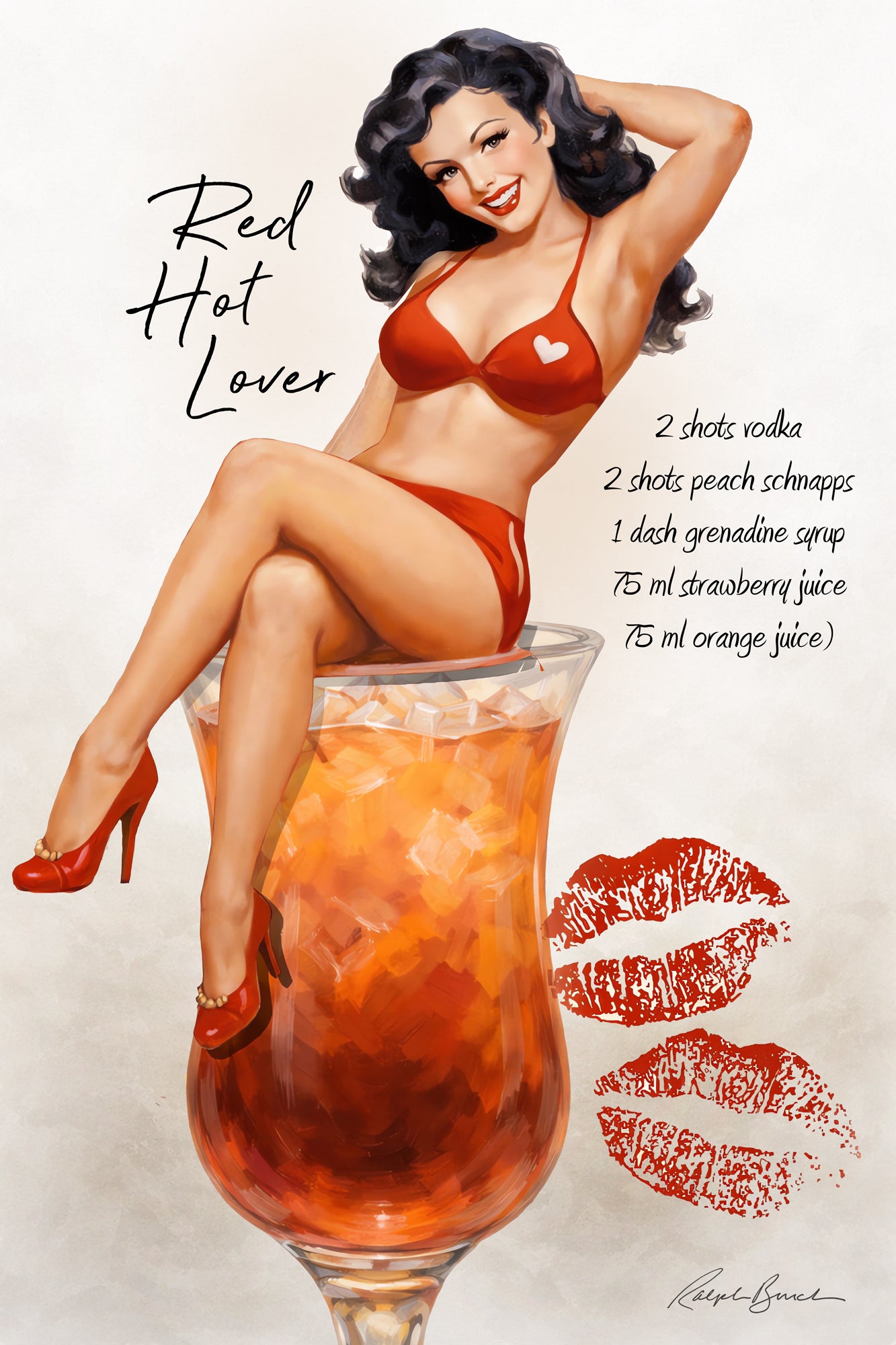 Retro brunette pin-up girl sitting on tropical cocktail glass in glamorous vintage wall art by Ralph Burch