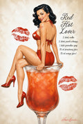 Vintage-style pinup illustration of a woman in a red bikini sitting on a large cocktail glass filled with orange-red drink, with red lipstick marks and the text 'Red Hot Lover' and a recipe on a cream background.