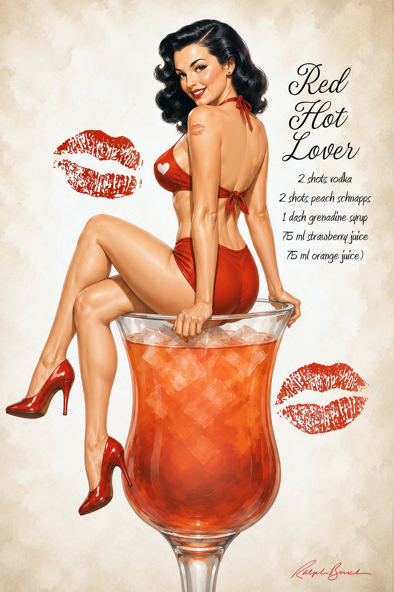 Vintage-style pinup illustration of a woman in a red bikini sitting on a large cocktail glass filled with orange-red drink, with red lipstick marks and the text 'Red Hot Lover' and a recipe on a cream background.