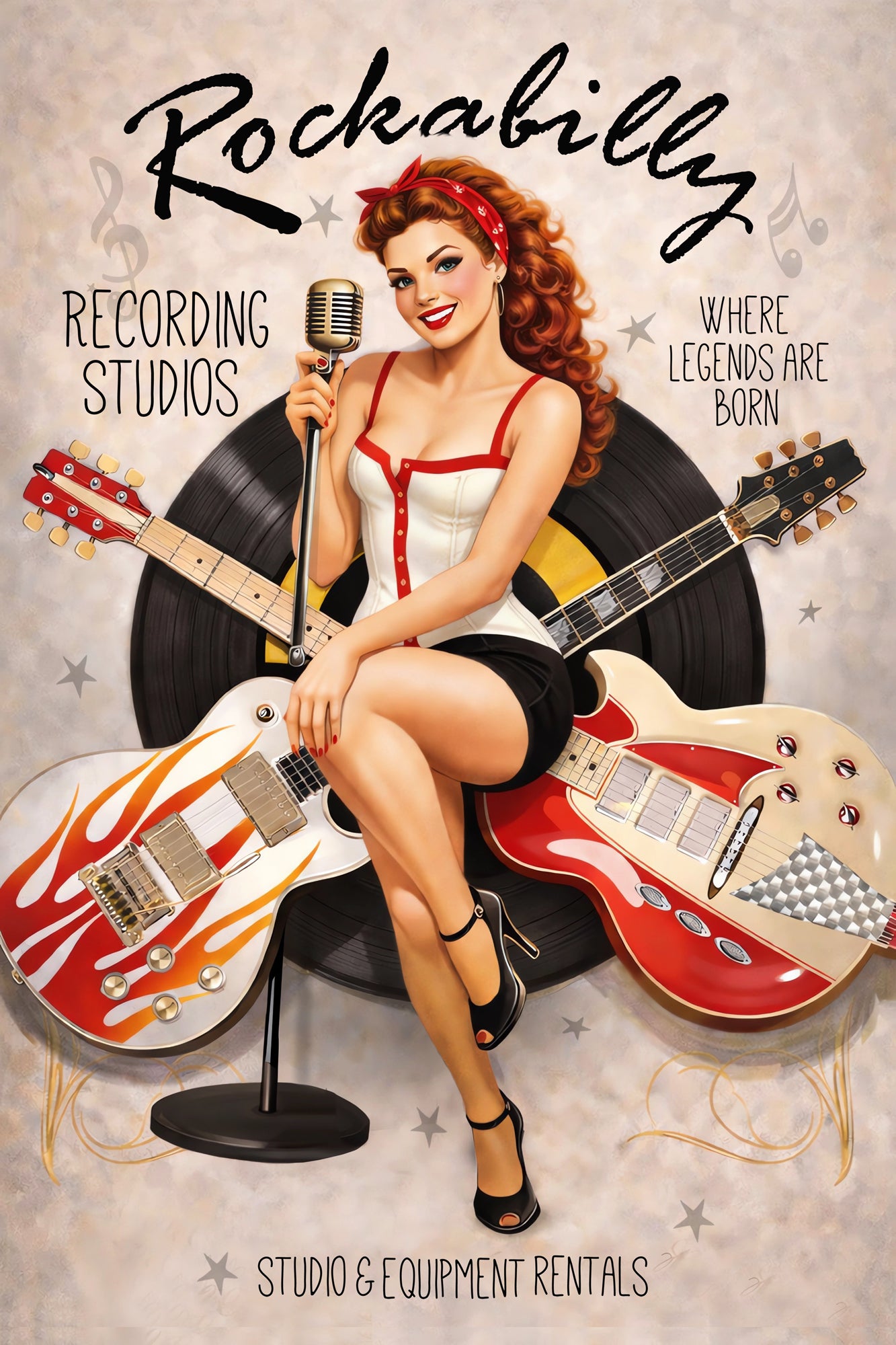 Vintage-inspired rockabilly pin-up artwork featuring a redheaded pin-up singer posed with flame-painted guitars, a retro microphone, and vinyl record backdrop in classic 1950s music poster style.