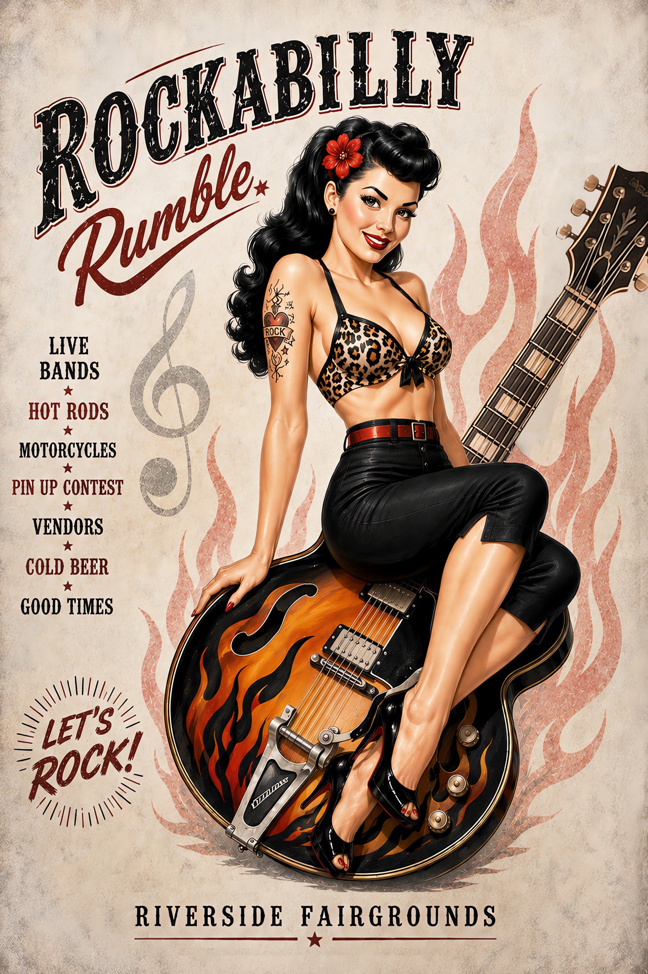 Vintage-inspired rockabilly pin-up artwork featuring a brunette pin-up girl sitting on a flame-painted guitar with retro typography, music notes, and classic hot rod concert poster aesthetics.