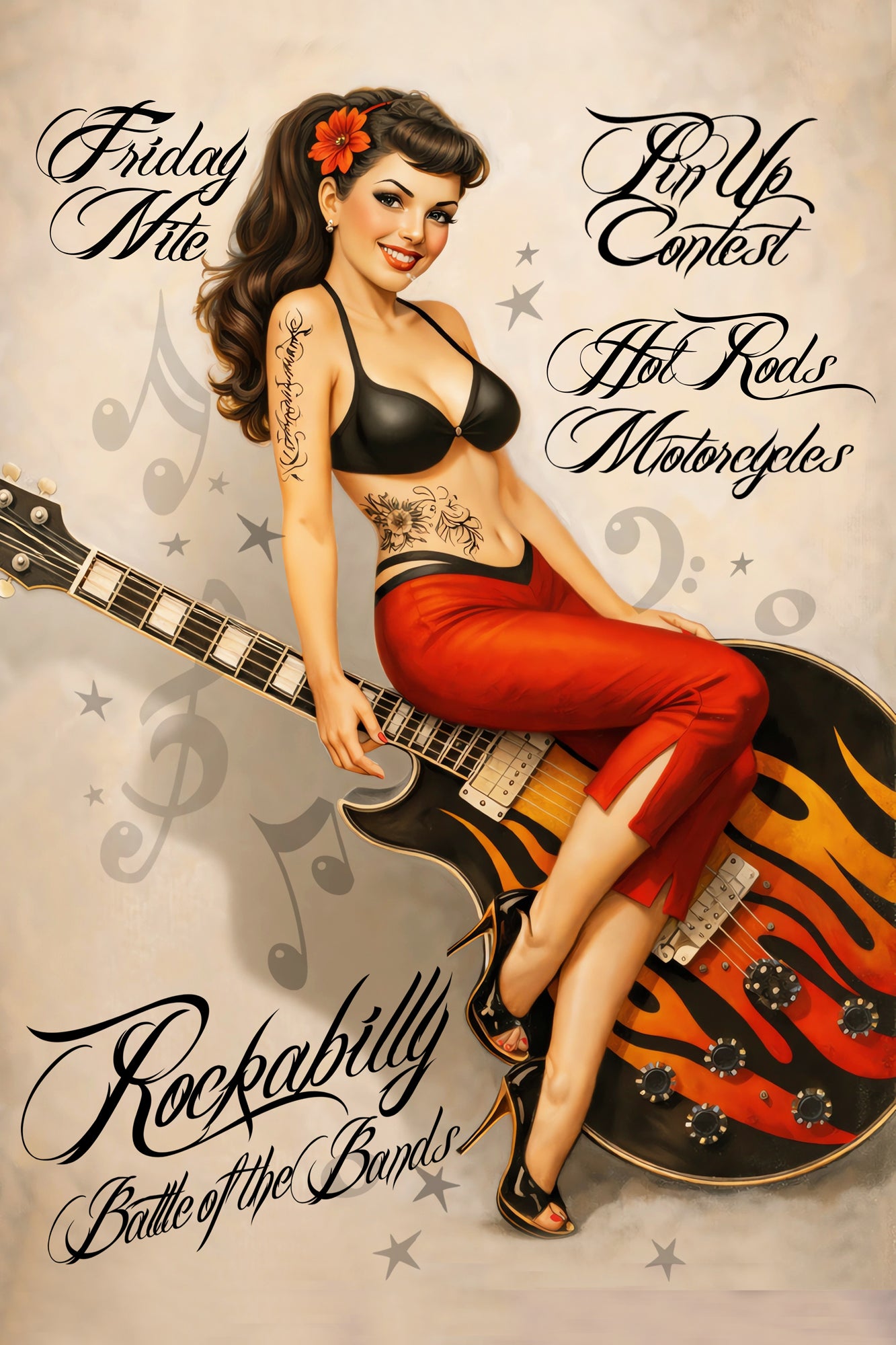 Vintage-inspired rockabilly pin-up artwork featuring a brunette pin-up girl sitting on a flame-painted guitar with retro typography, music notes, and classic hot rod concert poster aesthetics.