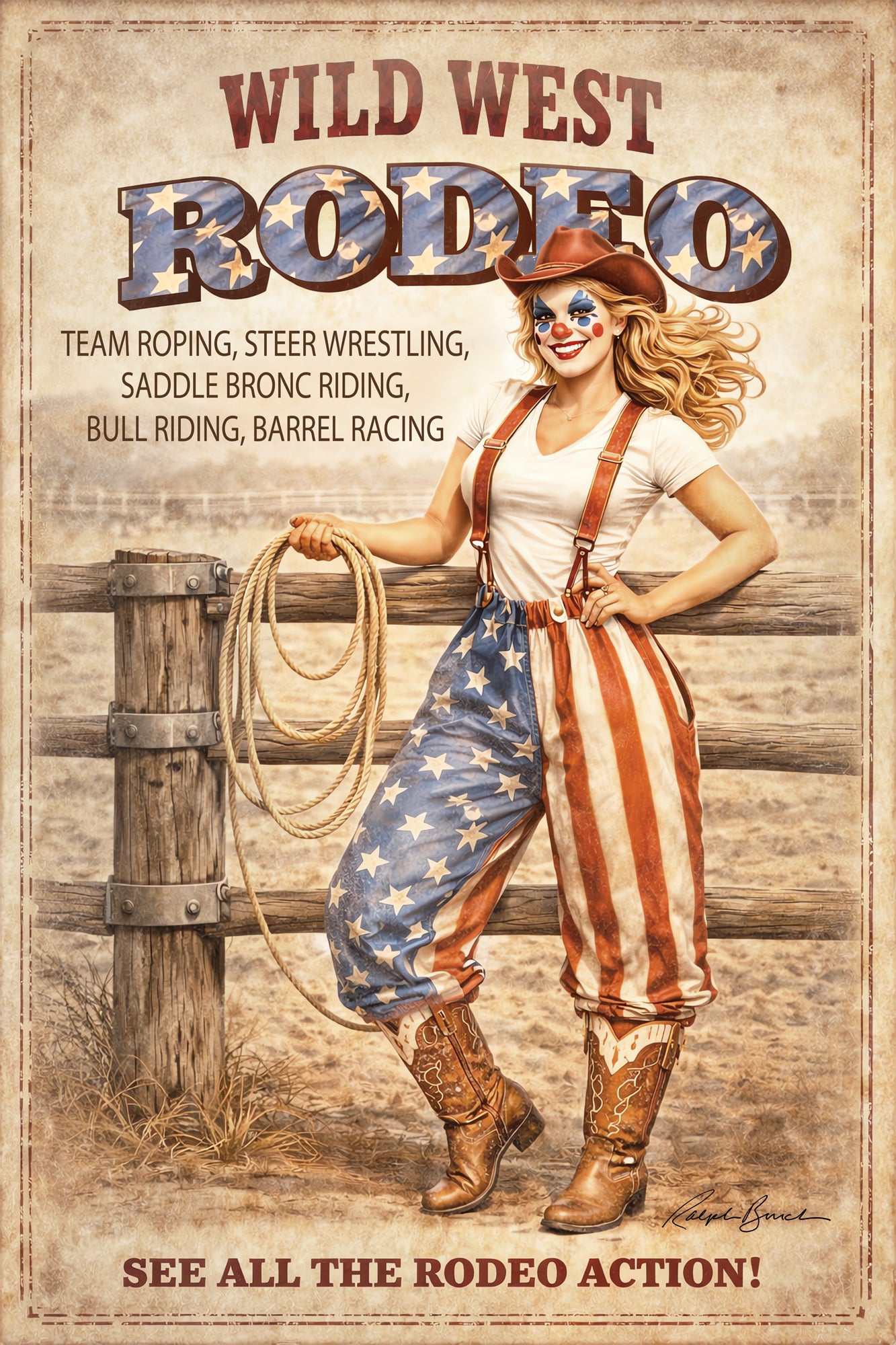 Vintage-style Wild West Rodeo poster featuring a woman in an American flag Rodeo Clown costume with cowboy boots, holding a lasso in front of a wooden fence. Large text reads 'WILD WEST RODEO' with smaller event details and 'SEE ALL THE RODEO ACTION!' at the bottom.