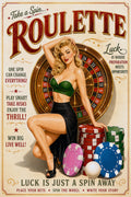 Vintage-style roulette poster with a pin-up woman seated in front of a roulette wheel, surrounded by stacks of colorful casino chips and bold decorative text on a cream background.