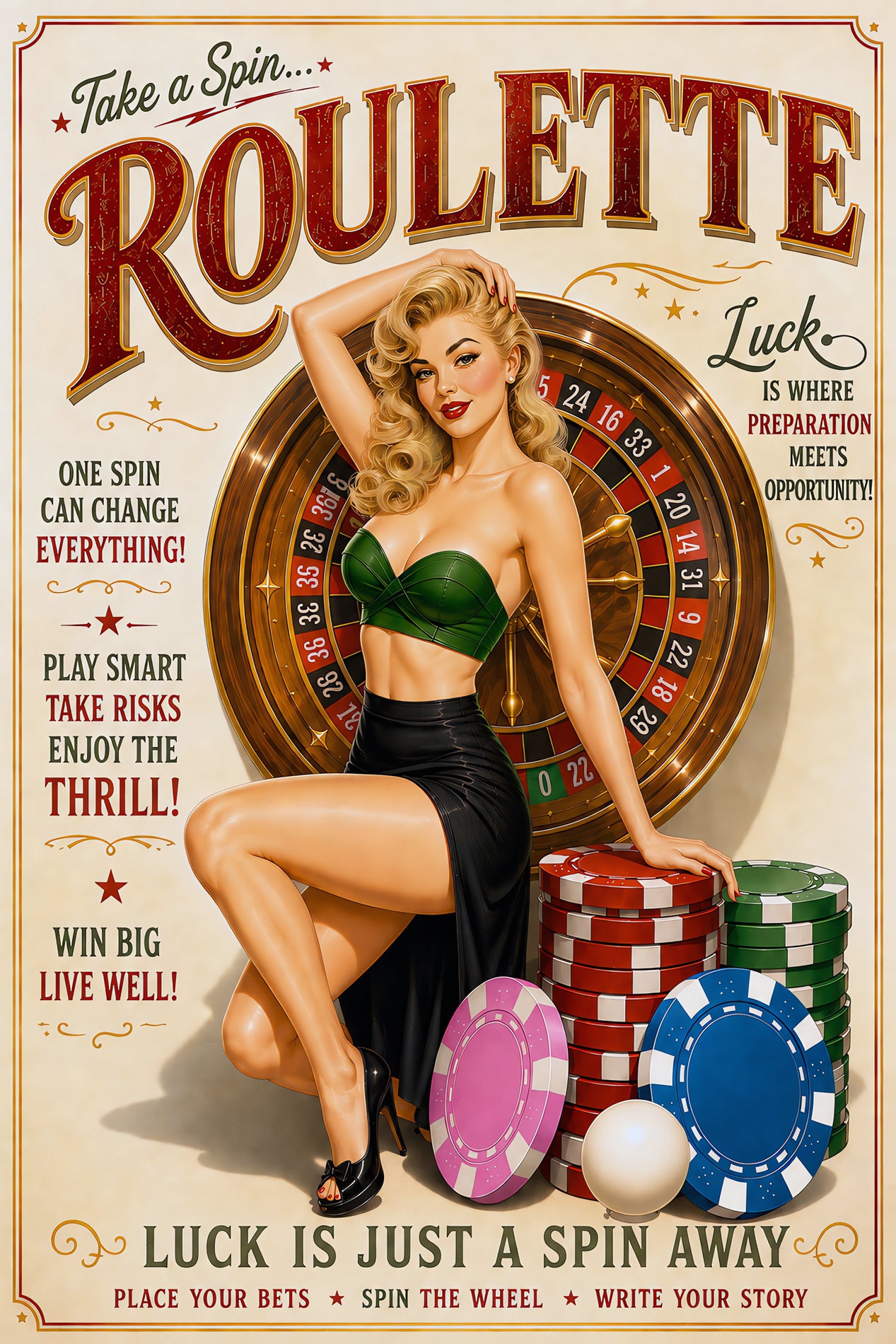 Vintage-style roulette poster with a pin-up woman seated in front of a roulette wheel, surrounded by stacks of colorful casino chips and bold decorative text on a cream background.