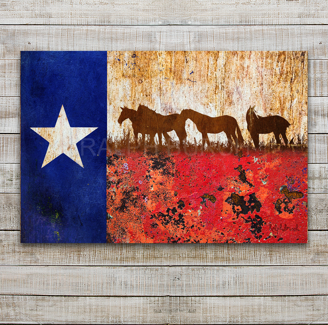 Pictured is a Rustic Texas Flag with Grazing Horses in brownish tones Wall Art buy Ralph Burch-ralphburch.comrt