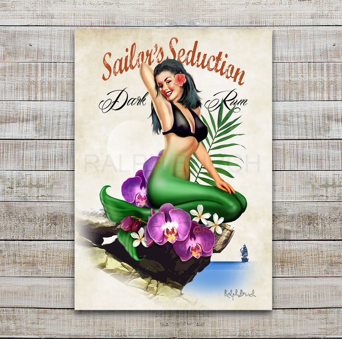 "Sailor's Seduction " Dark Rum label Mermaid Pinup Art by Ral ph Burch - available on paper or canvas, framed or gallery wrapped - ralphburch.com Pictured is Mermaid surrounded by some large orchids and tropical flowers sitting on some rocks with a ship off in the distance. As a label  for a Dark Rum Sailors Seduction is the perfect Wall Art for your Bar, Restaurant, Kitchen or Game Room