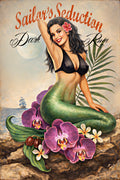 Retro brunette mermaid pin-up surrounded by tropical flowers in vintage rum label style wall art by Ralph Burch