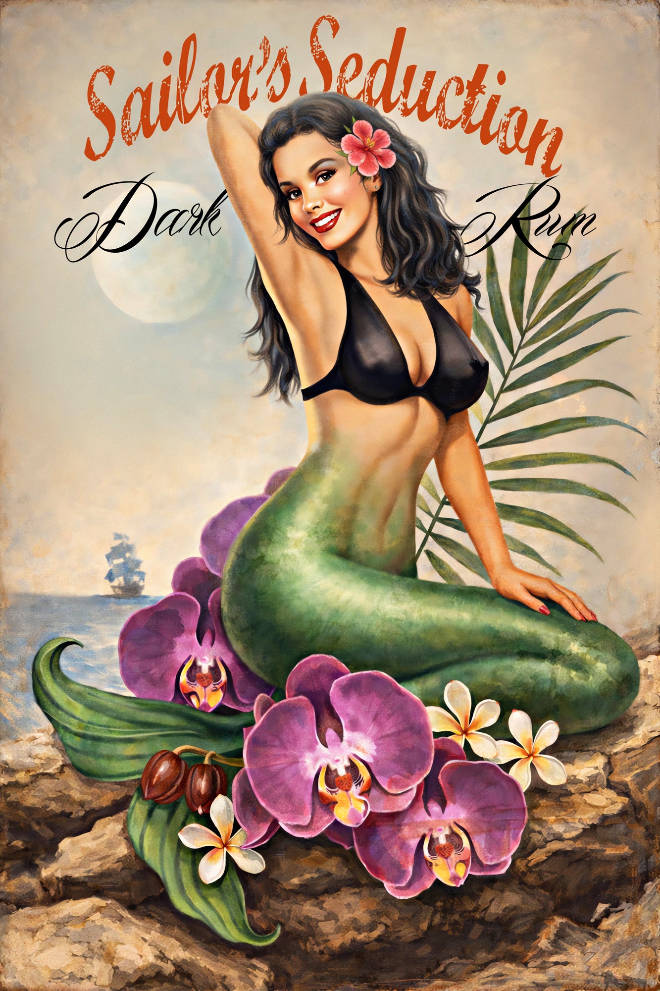 Retro brunette mermaid pin-up surrounded by tropical flowers in vintage rum label style wall art by Ralph Burch