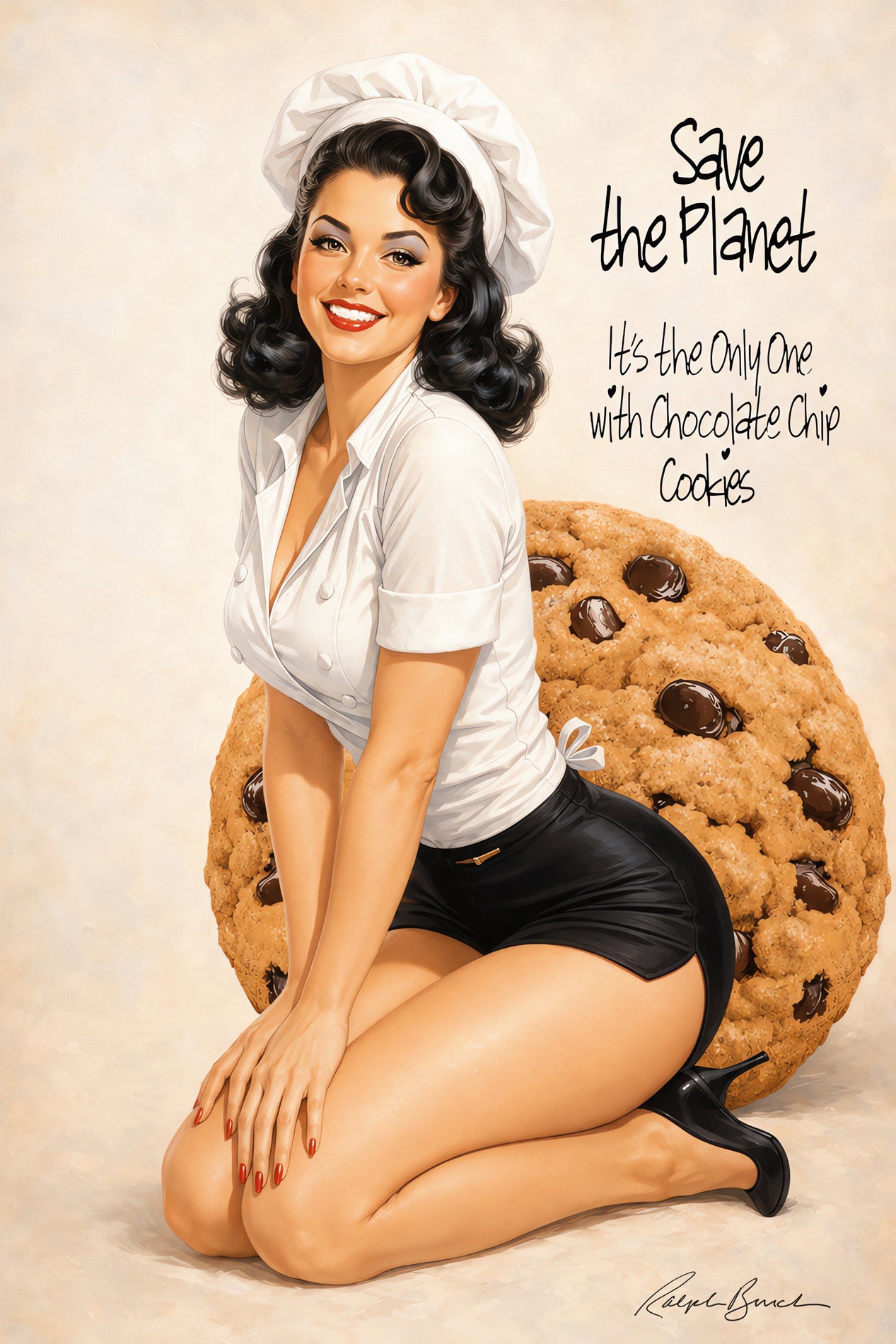 A retro-style illustrated pin-up woman kneels beside a giant chocolate chip cookie, wearing a white blouse, black skirt, and white chef hat. The text reads, 'Save the Planet It's the Only One with Chocolate Chip Cookies.