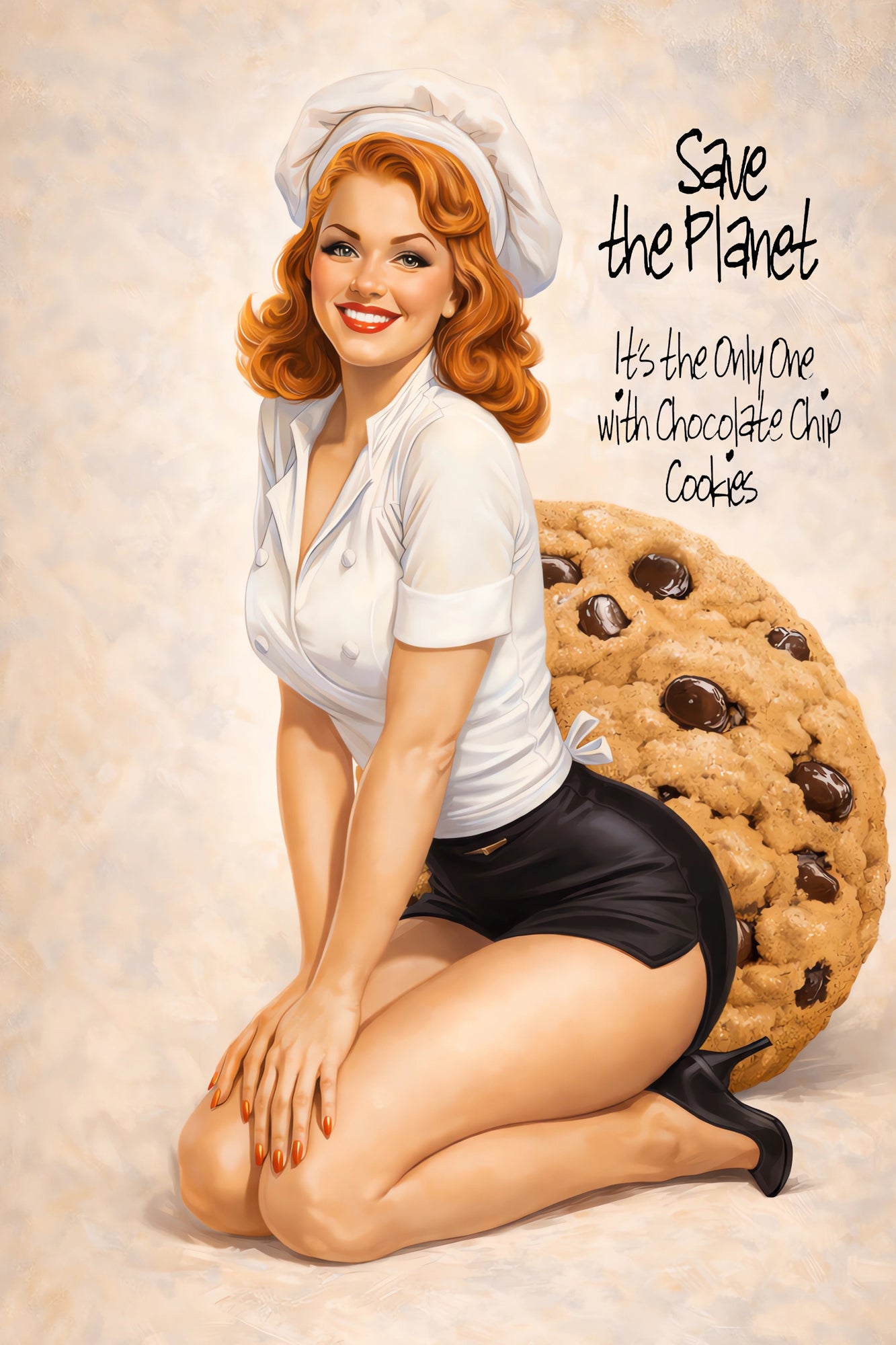 Vintage-style pin-up illustration of a smiling woman with red hair wearing a white chef hat and white blouse, kneeling beside a giant chocolate chip cookie. Text on the right reads, 'Save the Planet / It's the Only One with Chocolate Chip Cookies.