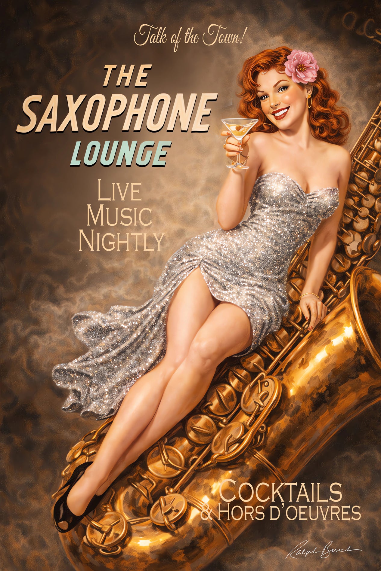 Vintage-inspired pin up artwork featuring glamorous red-haired woman in a sparkling silver gown reclining on a large golden saxophone while holding a martini in a retro jazz lounge setting with warm nightclub ambiance.