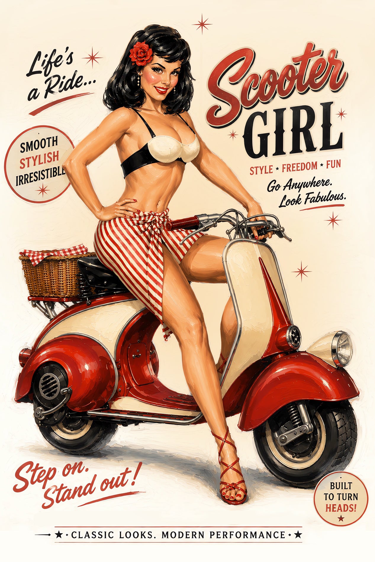 Vintage-inspired pin-up artwork featuring a brunette pin-up girl posed on a classic red scooter with retro typography, mid-century advertising style, and nostalgic Americana design.
