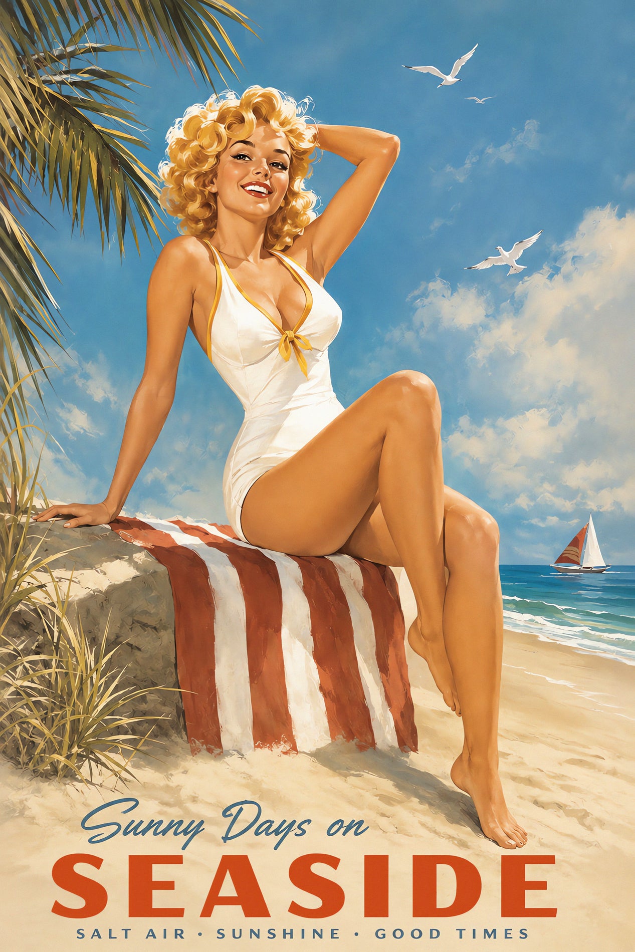 Vintage-style beach poster showing a smiling blonde woman in a white swimsuit sitting on a striped towel on a sandy shore, with palm leaves, blue sky, clouds, seagulls, and a sailboat. Large text reads 'Sunny Days on SEASIDE' with smaller text 'SALT AIR • SUNSHINE • GOOD TIMES'.