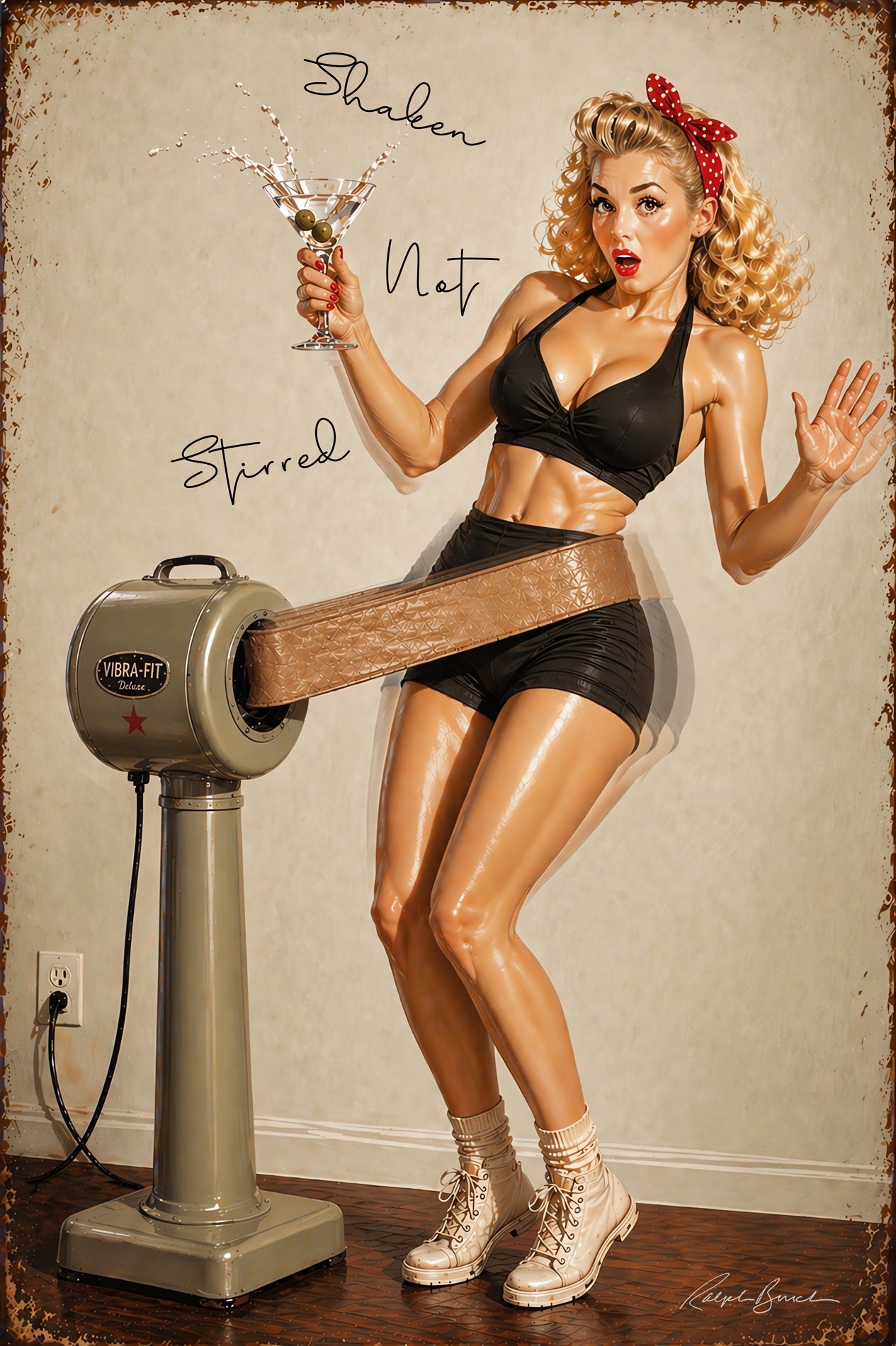 Retro pin-up girl holding martini beside vintage Vibra-Fit machine in playful cocktail-themed wall art by Ralph Burch