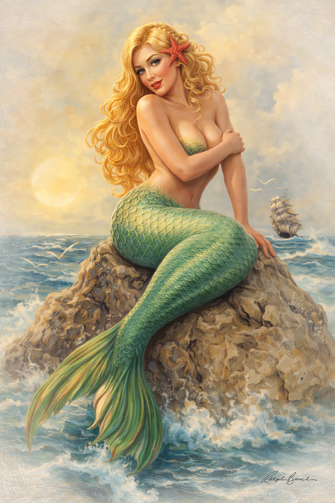 Vintage-inspired mermaid pin up artwork featuring glamorous blonde mermaid with flowing curly hair and green scaled tail sitting on rocky ocean shoreline with waves, sailing ship, and soft coastal sunset background.