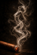 A lit cigar resting on a dark surface with swirling smoke rising against a black background. The cigar has a brown wrapper and a glowing ember at the tip.