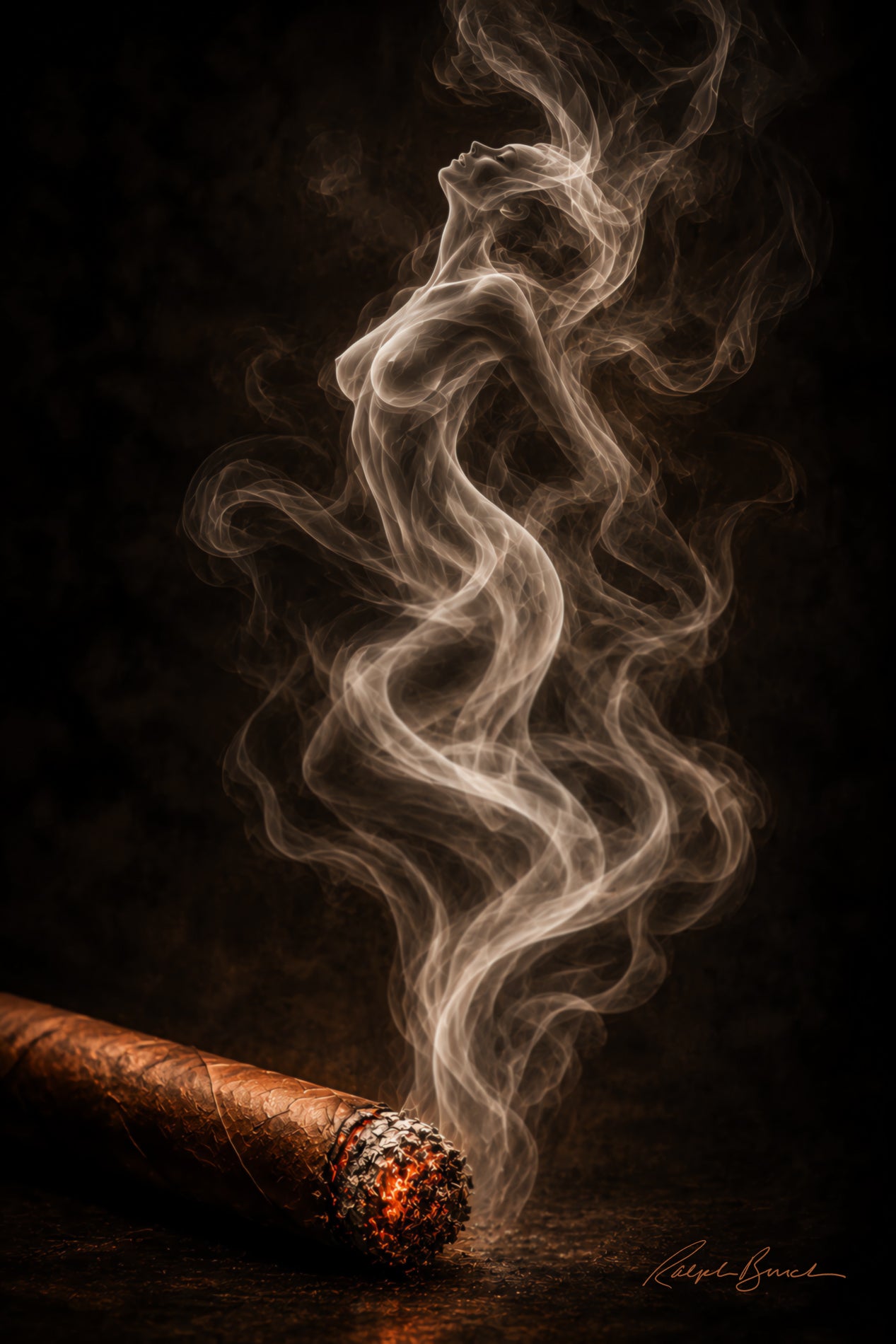 A lit cigar resting on a dark surface with swirling smoke rising against a black background. The cigar has a brown wrapper and a glowing ember at the tip.