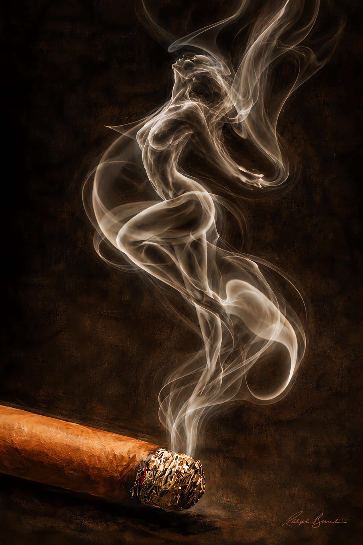 A close-up artistic photograph of a lit cigar with smoke curling into the shape of a stylized female figure against a dark brown background.