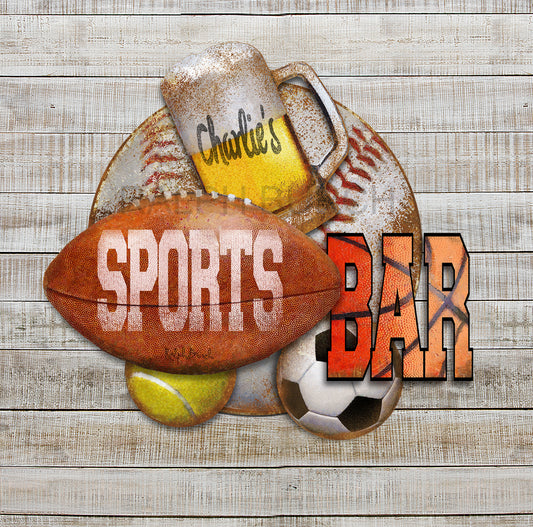 Personalized with a Name Sports Bar with multiple layers of Balls....Football, Soccer Bal,, Tennis Ball. Basketball, and Baseball wall art by Ralph Burch