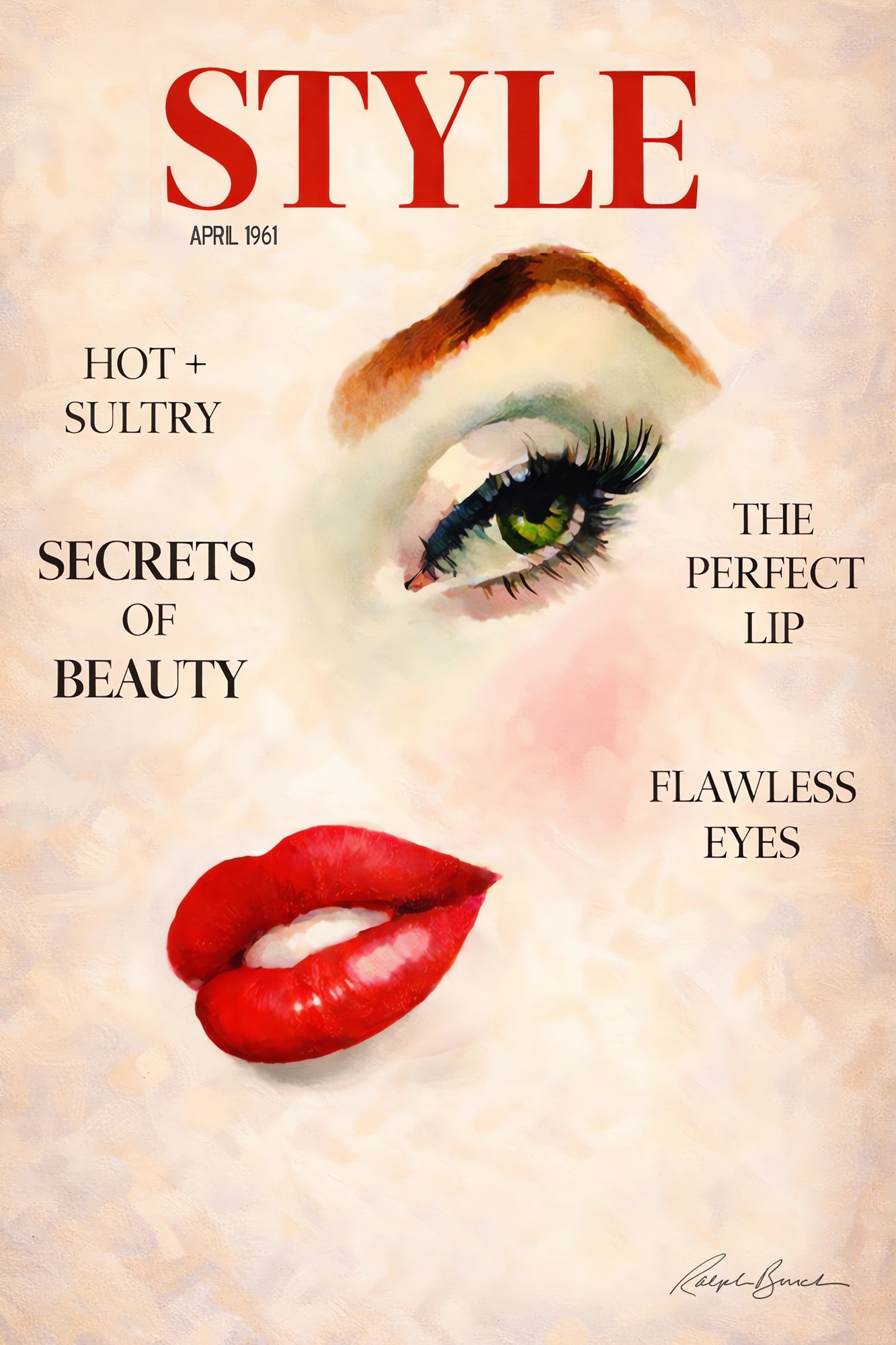 Magazine cover with a stylized face featuring red lips and green eye, text about beauty secrets.