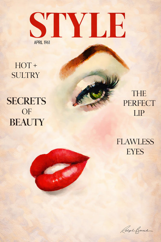 Magazine cover with a stylized face featuring red lips and green eye, text about beauty secrets.