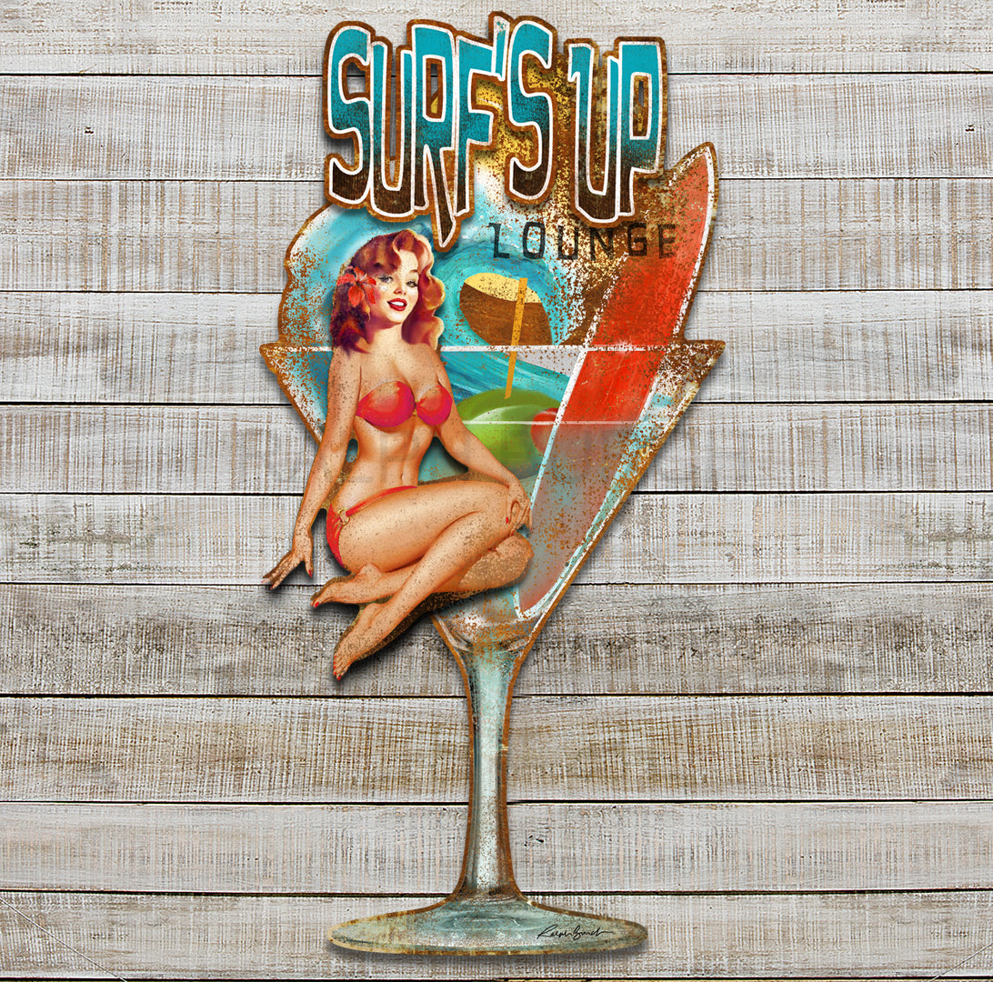 Pictured is a Metal Wall Art called Surf's Up Lounge show the background layer of a cocktail glass with an olive, wave, sun, surfboard and the word Lounge. Attached to the background are the words Surf's Up and also a pin up girl in a bikini with a flower in her hair. The finish is made to look rusty and aged,