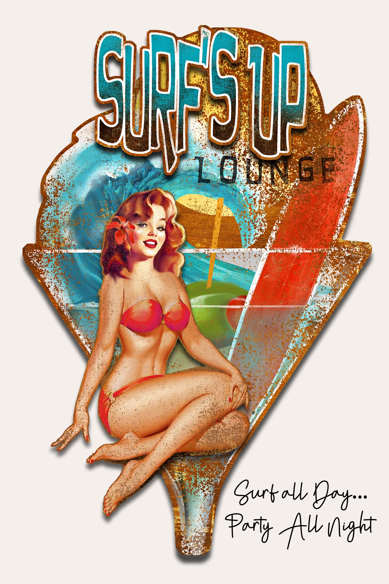 A vintage-style illustrated surf-themed sign or poster reading 'SURF'S UP LOUNGE' with a pin-up woman in red bikini seated on a red and blue surfboard shape, plus the text 'Surf all day.