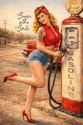 Vintage-inspired pin-up artwork featuring a tattooed blonde pin-up girl in denim shorts and red heels fueling a classic car beside an old-fashioned gasoline pump in retro Americana style.