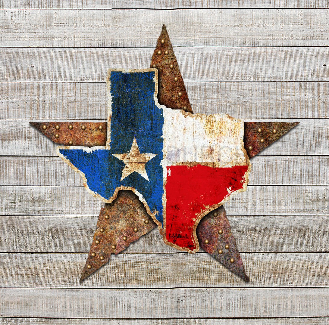 Pictured a dimensional Metal Texas Star Wall Art that has a rustic Star background with a shape of the state of Texas that has a rustic Texas flag across it. Ready to Hang by Ralph Burch  - ralphburch.com