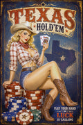 Vintage-style Texas Hold'em themed art print featuring a pin-up cowboy woman in a white hat and plaid shirt sitting with poker chips, holding playing cards, with the text 'TEXAS HOLD'EM' and 'PLAY YOUR HAND LUCK IS CALLING'.