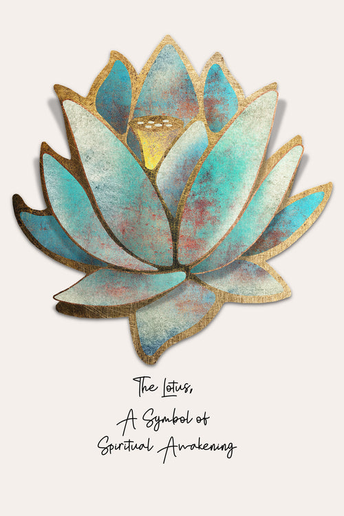 A stylized lotus flower illustration in turquoise, cream, and gold tones on a light beige background, with the text 'The Lotus, A Symbol of Spiritual Awakening' below it.