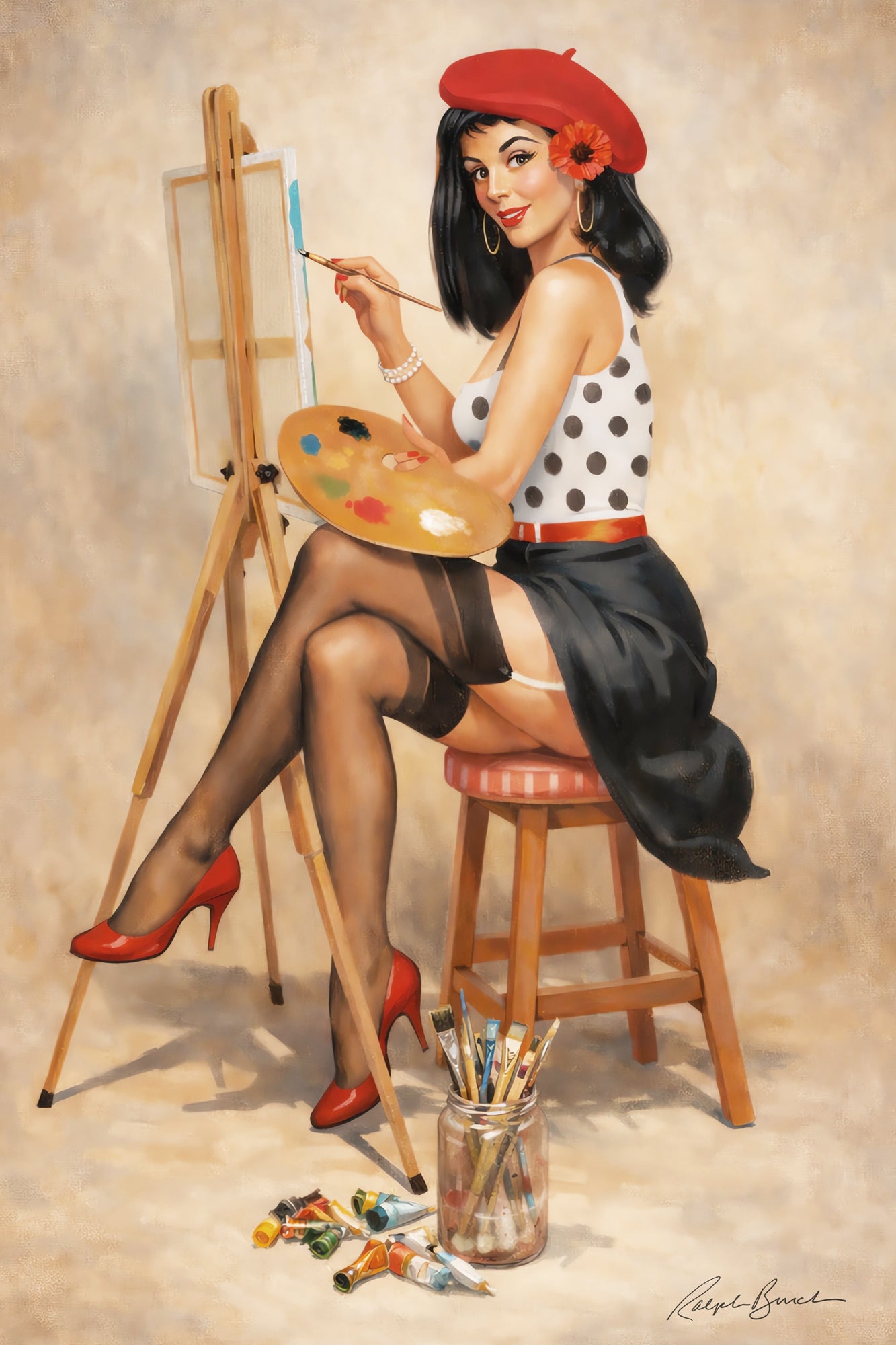 A retro-style pin-up illustration of a woman seated on a stool beside an easel, holding a paintbrush and palette. She wears a red beret, white top with black polka dots, black skirt, black stockings, and red heels, with paint tubes and brushes on the floor against a warm beige studio background.