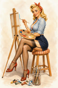 Vintage-style pinup illustration of a blonde woman sitting on a stool and painting at an easel, wearing a light blue shirt, dark skirt, stockings, and red heels, with paint tubes and brushes on the floor.